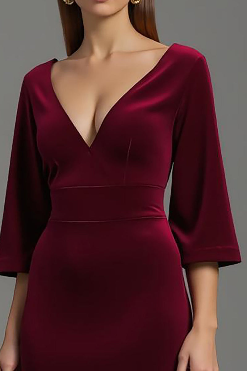 Load image into Gallery viewer, Burgundy Velvet V-Neck Long Formal Dress with Half Sleeves