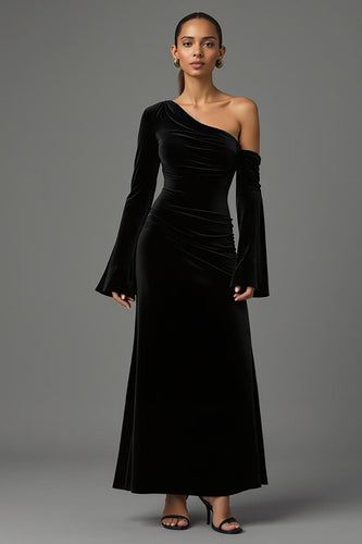 Black One Shoulder Velvet A-Line Formal Dress with Long Sleeves