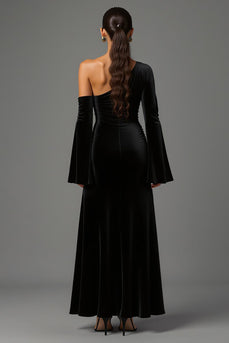 Black One Shoulder Velvet A-Line Formal Dress with Long Sleeves