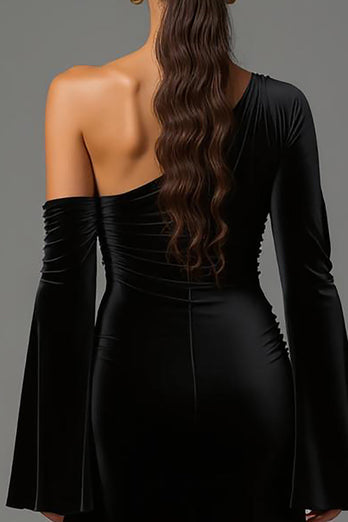 Black One Shoulder Velvet A-Line Formal Dress with Long Sleeves