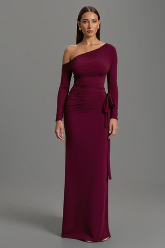 Burgundy One Shoulder Satin Formal Dress with Long Sleeves