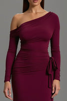 Load image into Gallery viewer, Burgundy One Shoulder Satin Formal Dress with Long Sleeves