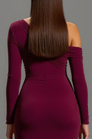 Load image into Gallery viewer, Burgundy One Shoulder Satin Formal Dress with Long Sleeves