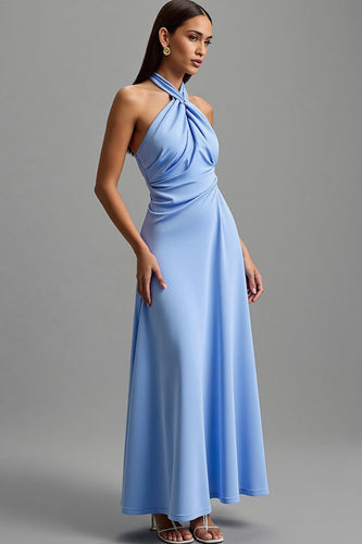 Blue Halter Satin Backless A-Line Long Formal Dress