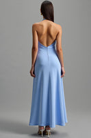 Load image into Gallery viewer, Blue Halter Satin Backless A-Line Long Formal Dress