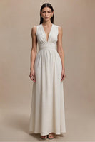 Load image into Gallery viewer, Simple Ivory Ruched V-Neck A-Line Long Formal Dress