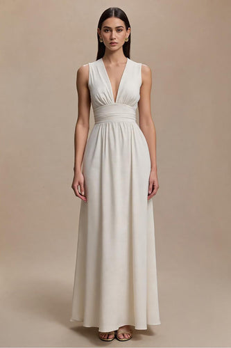 Simple Ivory Ruched V-Neck A-Line Long Formal Dress