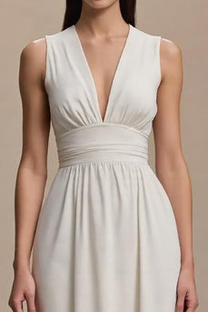 Simple Ivory Ruched V-Neck A-Line Long Formal Dress