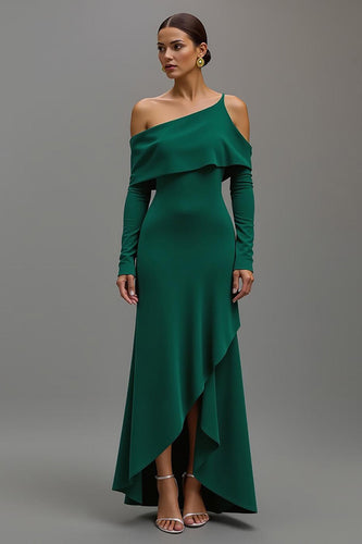 Dark Green One Shoulder Satin High-Low Formal Dress with Sleeves