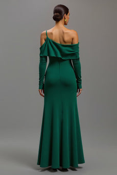 Dark Green One Shoulder Satin High-Low Formal Dress with Sleeves