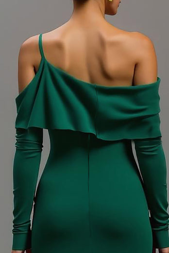 Dark Green One Shoulder Satin High-Low Formal Dress with Sleeves