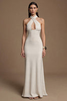 Load image into Gallery viewer, Ivory Halter Keyhole Long Satin Mermaid Formal Dress