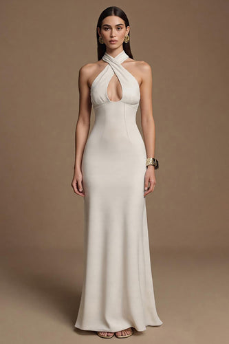 Ivory Halter Keyhole Long Satin Mermaid Formal Dress