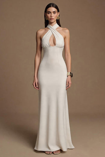 Ivory Halter Keyhole Long Satin Mermaid Formal Dress