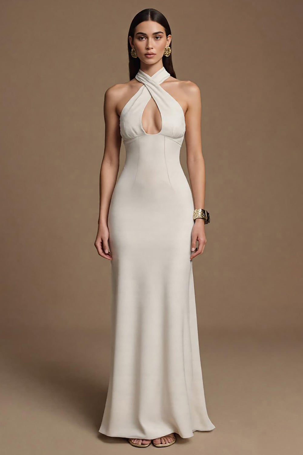 Ivory Halter Keyhole Long Satin Mermaid Formal Dress