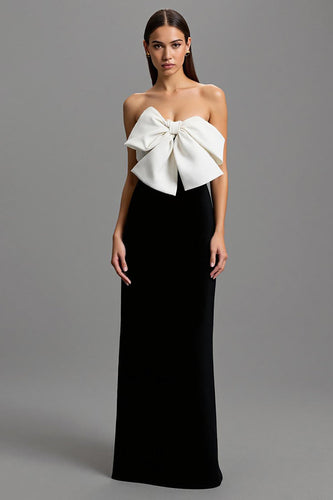 Black and White Strapless Long Sheath Formal Dress with Bow
