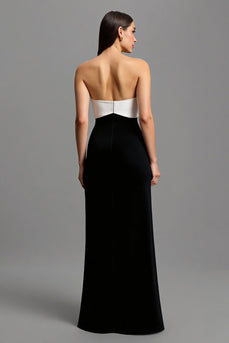 Black and White Strapless Long Sheath Formal Dress with Bow