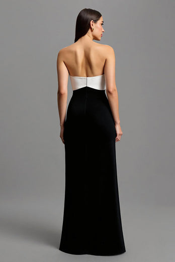 Black and White Strapless Long Sheath Formal Dress with Bow