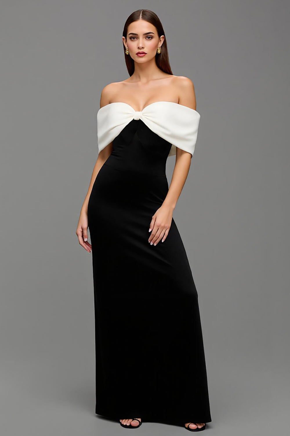 Black and White Off the Shoulder Sheath Long Formal Dress