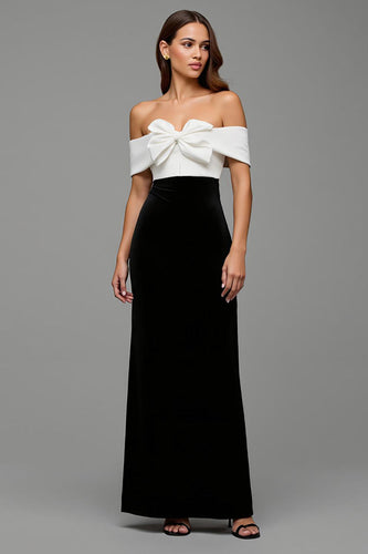 Black and White Off the Shoulder Sheath Long Formal Dress with Bows