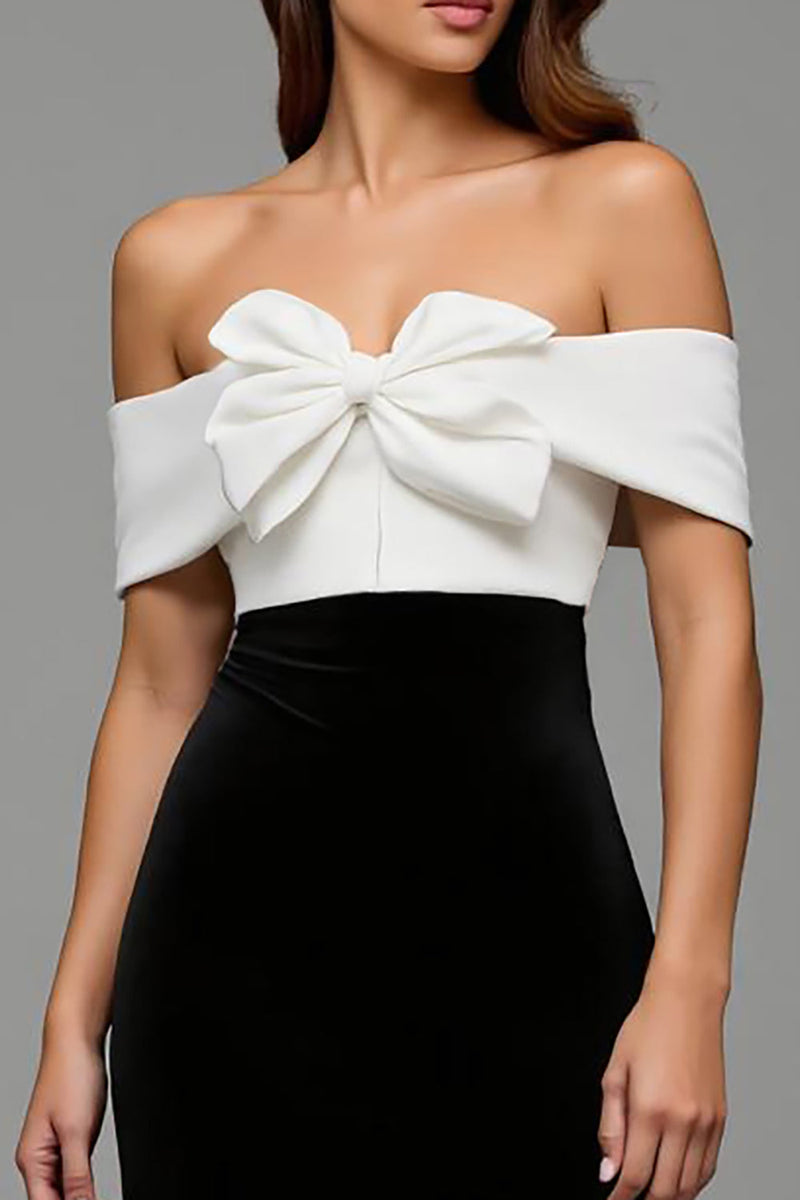 Load image into Gallery viewer, Black and White Off the Shoulder Sheath Long Formal Dress with Bows