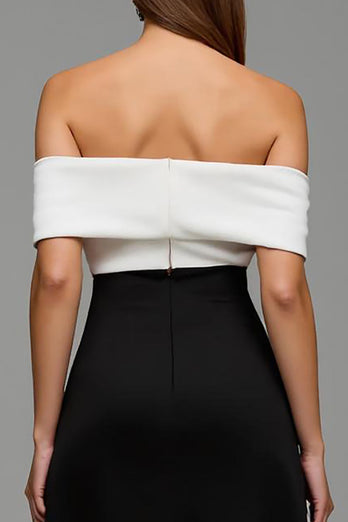 Black and White Off the Shoulder Sheath Long Formal Dress with Bows