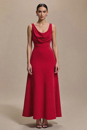Red Cowl Neck Satin A Line Long Formal Dress