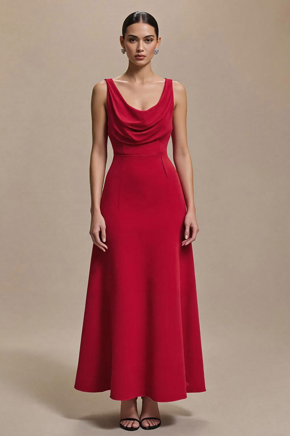 Red Cowl Neck Satin A Line Long Formal Dress