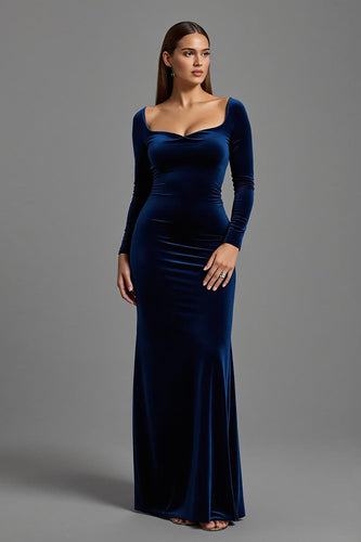 Simple Navy Square Neck Velvet Long Sleeves Formal Dress