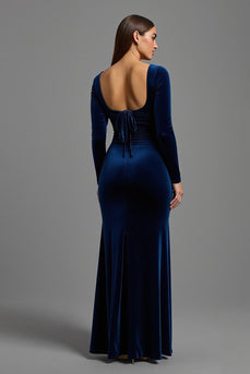 Simple Navy Square Neck Velvet Long Sleeves Formal Dress