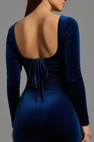 Load image into Gallery viewer, Simple Navy Square Neck Velvet Long Sleeves Formal Dress