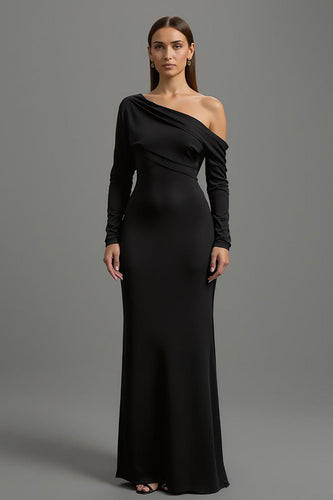 Black Satin One Shoulder Long Formal Dress with Long Sleeves