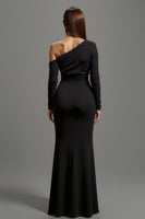 Load image into Gallery viewer, Black Satin One Shoulder Long Formal Dress with Long Sleeves
