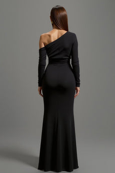 Black Satin One Shoulder Long Formal Dress with Long Sleeves