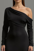 Load image into Gallery viewer, Black Satin One Shoulder Long Formal Dress with Long Sleeves