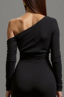 Load image into Gallery viewer, Black Satin One Shoulder Long Formal Dress with Long Sleeves