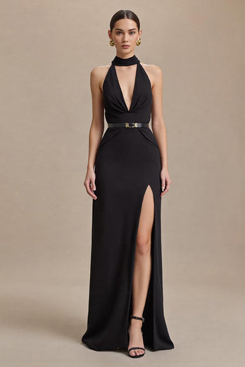 Black Halter Neck Sheath Stain Long Formal Dress with Slit
