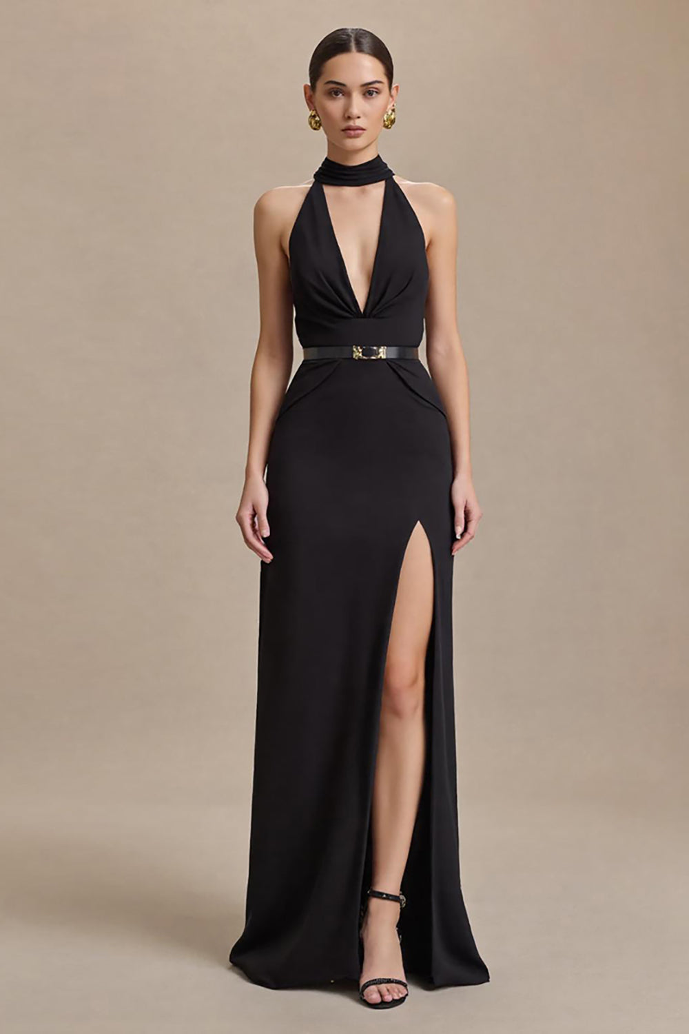 Black Halter Neck Sheath Stain Long Formal Dress with Slit