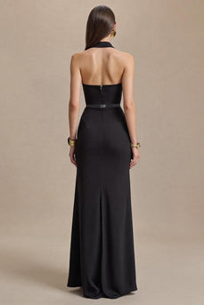 Black Halter Neck Sheath Stain Long Formal Dress with Slit