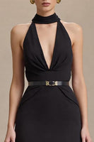 Load image into Gallery viewer, Black Halter Neck Sheath Stain Long Formal Dress with Slit