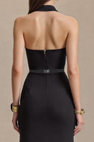 Load image into Gallery viewer, Black Halter Neck Sheath Stain Long Formal Dress with Slit