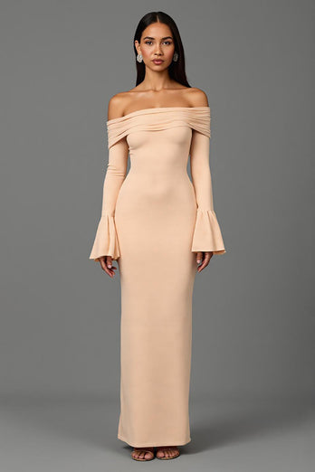 Apricot Sheath Off the Shoulder Long Sleeves Formal Dress