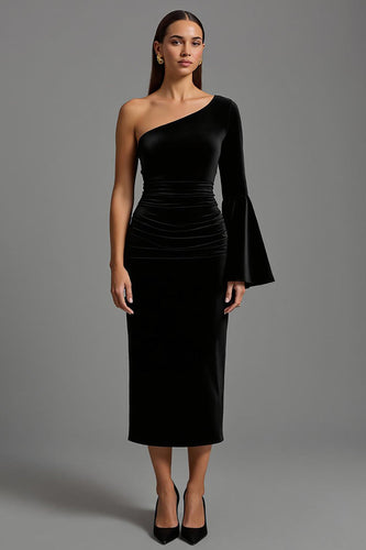Black One Shoulder Ruched Velvet Long Formal Dress