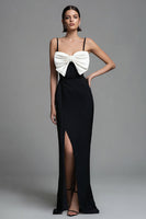 Load image into Gallery viewer, Black and White Spaghetti Straps Sheath Bow Long Formal Dress with Slit