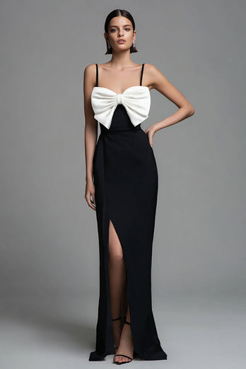 Black and White Spaghetti Straps Sheath Bow Long Formal Dress with Slit
