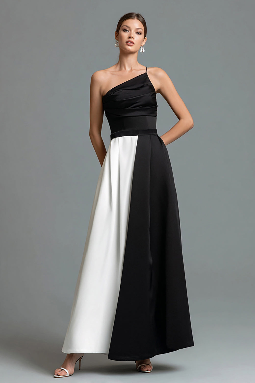 Black and White Patchwork A Line Satin Long Formal Dress