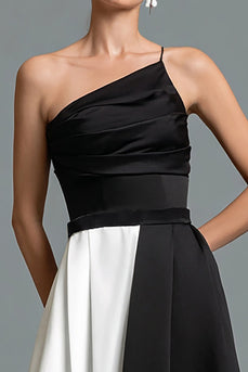 Black and White Patchwork A Line Satin Long Formal Dress