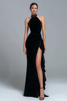 Load image into Gallery viewer, Simple Black Halter Beaded Sheath Long Formal Dress with Slit