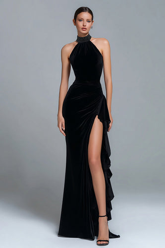 Simple Black Halter Beaded Sheath Long Formal Dress with Slit