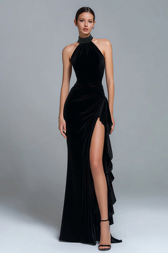 Simple Black Halter Beaded Sheath Long Formal Dress with Slit